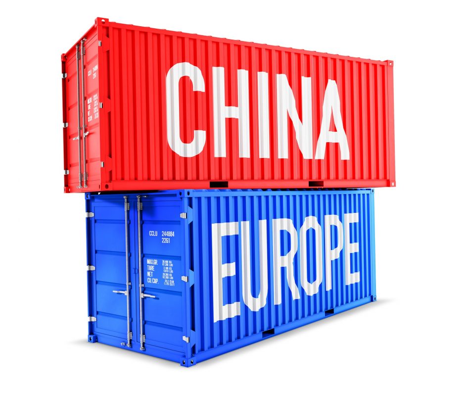 A red container with "china" written on it and a blue container with "europe" written on it